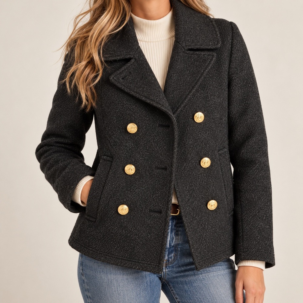 J.Crew Stadium Cloth Nello Gori Wool Peacoat Measures XS Gray Gold Crest Buttons